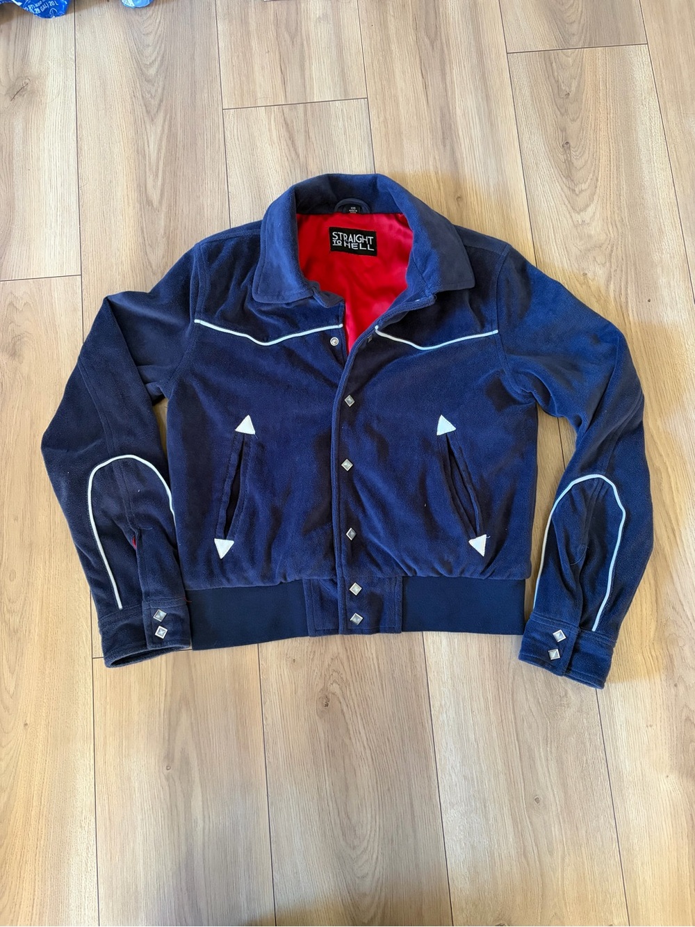Straight Shell Men's Navy Bomber Jacket with Red Interior